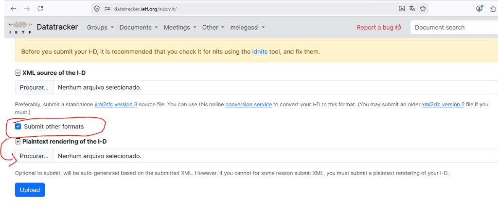 Datatracker submit page showing Submit other formats and plaintext rendering upload